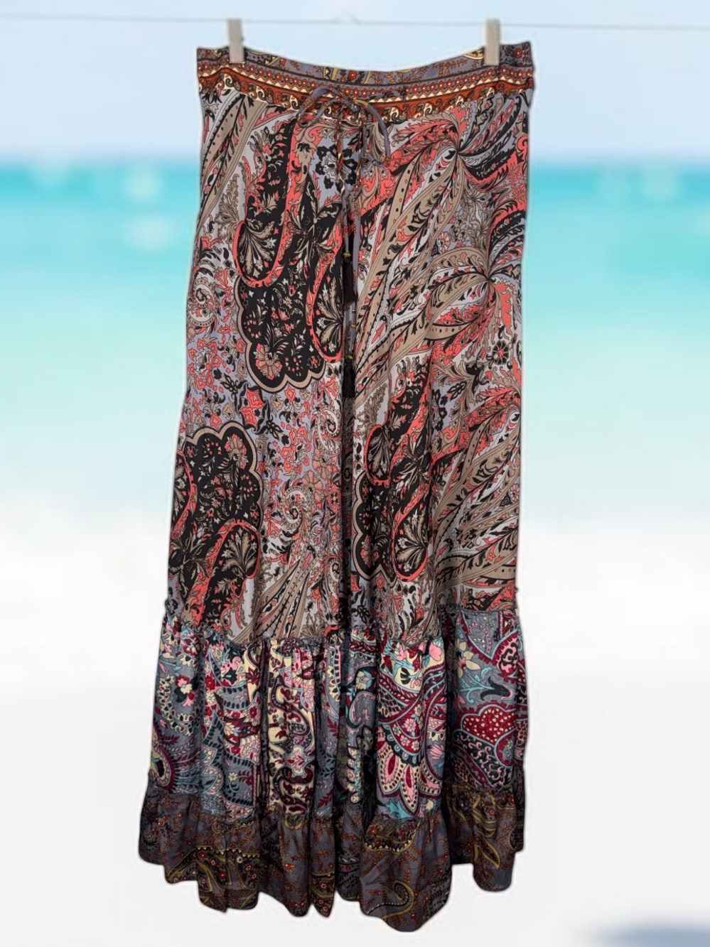 Bindya Bohemian Paisley Maxi Skirt in Coral and Tan